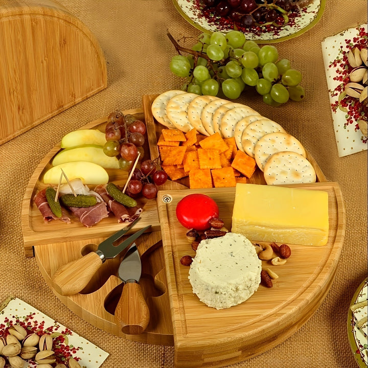 Plateau à fromage en bambou Servella avec système de tiroirs | Comprend un set de couteaux à fromage | Plateau de service rond | Durable et polyvalent