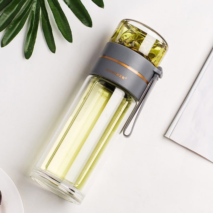 ThermoLeaf Bouteille de Thé en Verre à Double Paroi | 400–450 ml | Avec Filtre en Acier Inoxydable & Poignée de Transport | Étanche & Résistant à la Chaleur