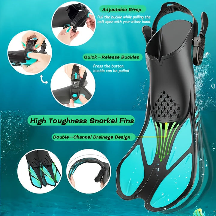 Palmes de snorkeling SeaVana Glide | Ajustables & Courtes | Talon Ouvert | Pour Voyage & Loisirs | Unisexe