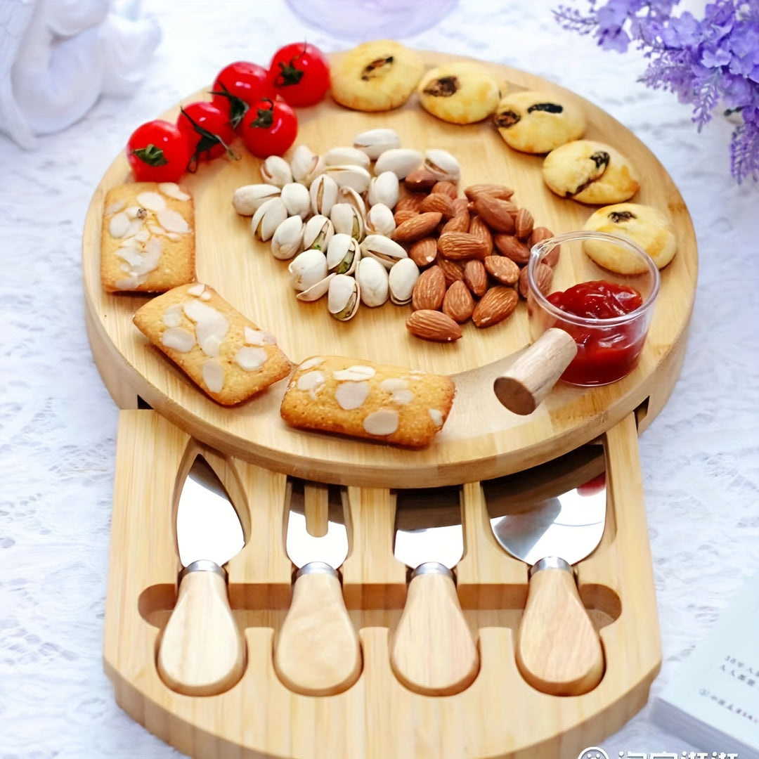 Plateau à fromage Bambucina Runde en bambou | Avec tiroir extensible & 4 couteaux à fromage | Durable & Élégant