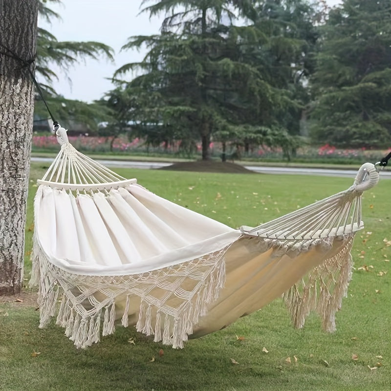 Hamac Boho Lunaria Breeze | Avec pompons et rayures | Coton | Pour 2 personnes | Capacité de 43 à 54 kg