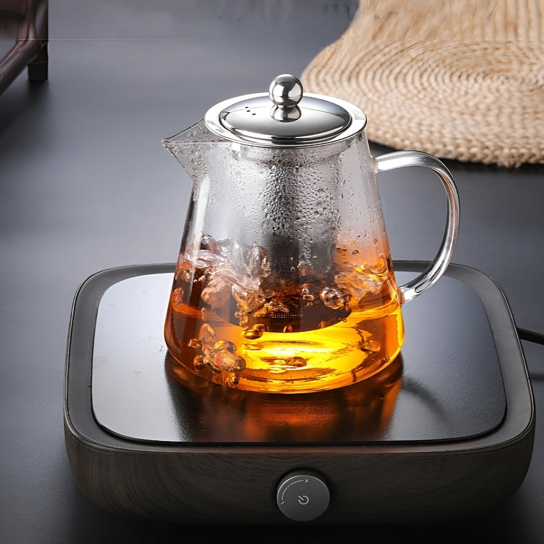Théière Claritéa | Verre borosilicate | Avec filtre en acier inoxydable et couvercle en bois | Résistante à la chaleur et lavable au lave-vaisselle