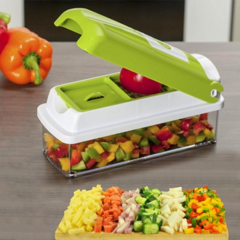 CutMate Coupe-légumes multifonction 12-en-1 | Avec récipient de collecte & protection des doigts | Lames en acier inoxydable | Compact & Sûr