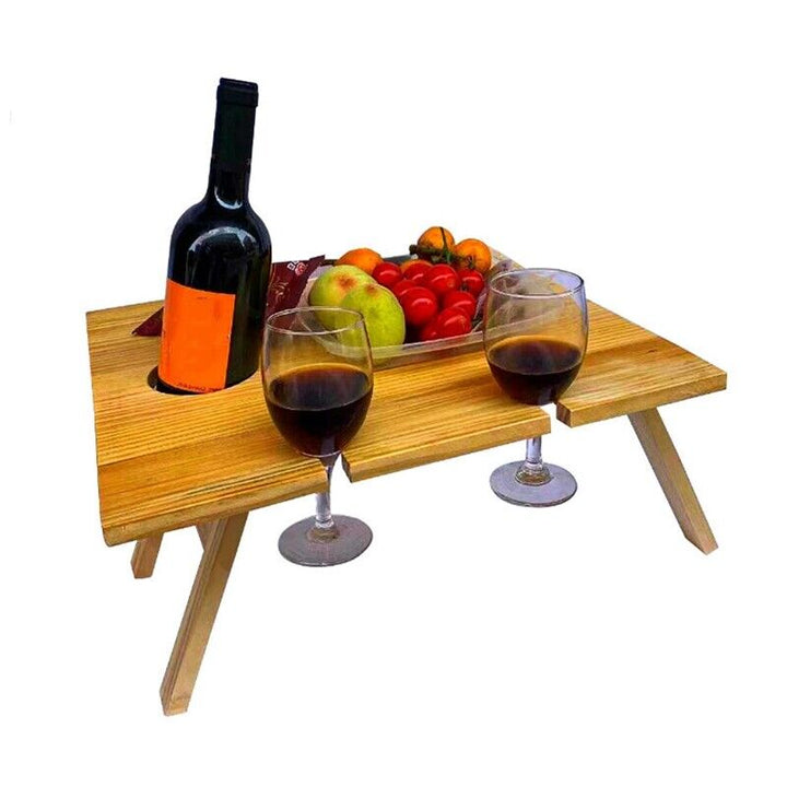 Table à vin portable Vinlora FoldWood | Pliable & Mobile | En bois | Avec porte-bouteilles & porte-verres | Pour pique-nique, jardin & camping
